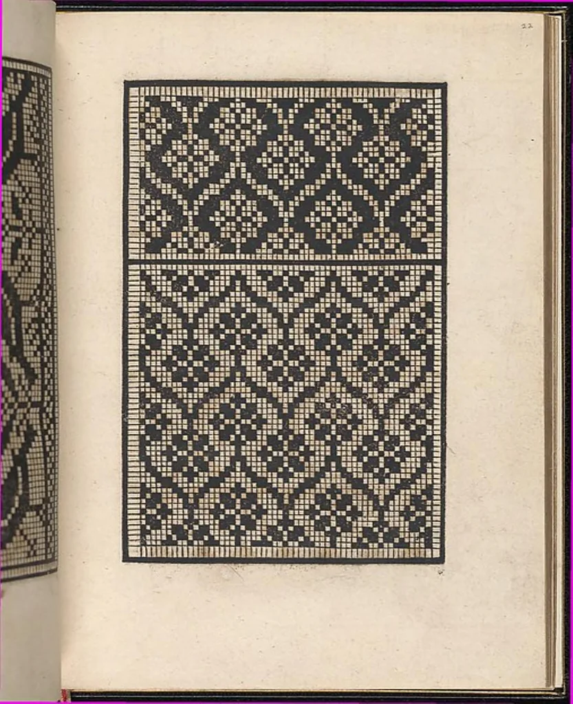 An illustration from Ein new kunstlich modelbuech dair yn meir dan sechßhundert figuren, monster, ader, stalen, befondenn wie mann na der rechter art perlenstickers lauffer werck spansche stiche mit der naelen vort up der ramen und up der laden boerden wircken sa., 1544, leaf 42