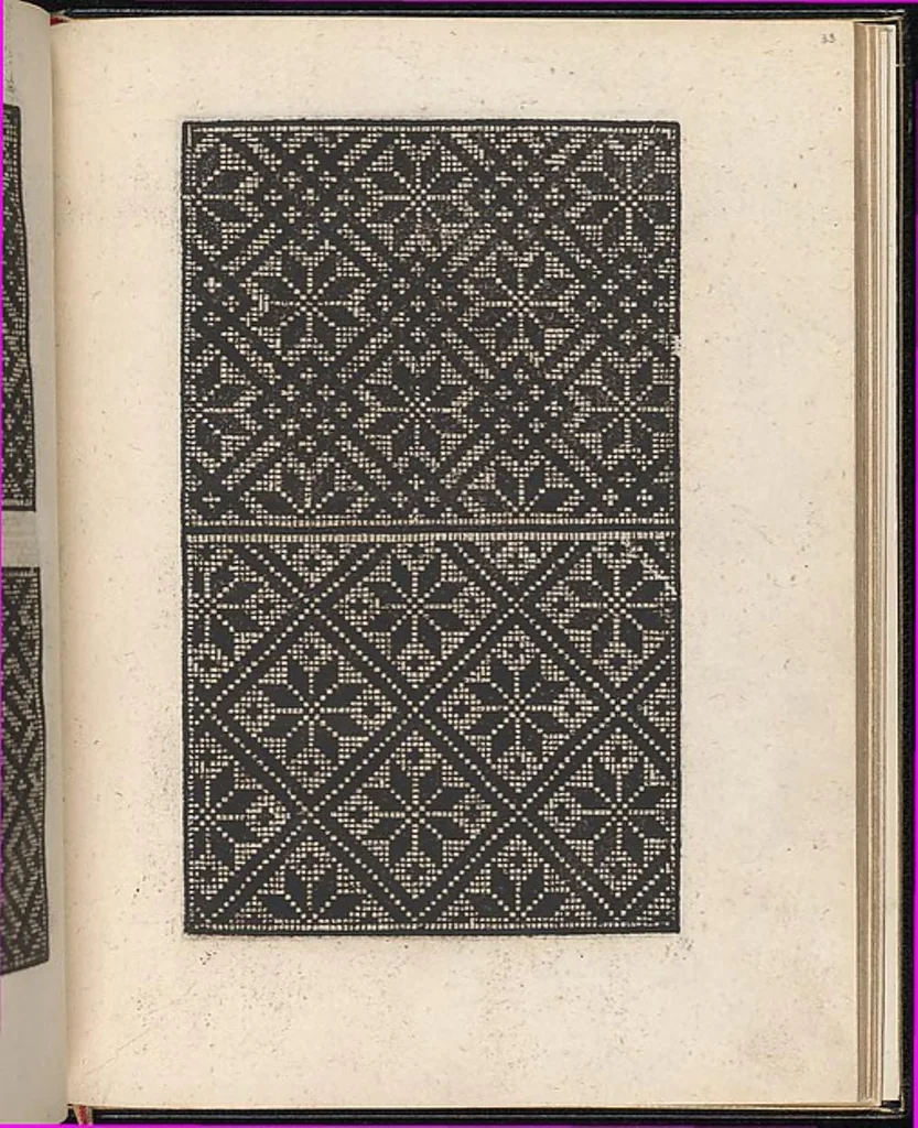 An illustration from Ein new kunstlich modelbuech dair yn meir dan sechßhundert figuren, monster, ader, stalen, befondenn wie mann na der rechter art perlenstickers lauffer werck spansche stiche mit der naelen vort up der ramen und up der laden boerden wircken sa., 1544, leaf 64
