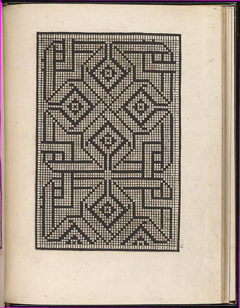 An illustration from Ein new kunstlich modelbuech dair yn meir dan sechßhundert figuren, monster, ader, stalen, befondenn wie mann na der rechter art perlenstickers lauffer werck spansche stiche mit der naelen vort up der ramen und up der laden boerden wircken sa., 1544, leaf 80