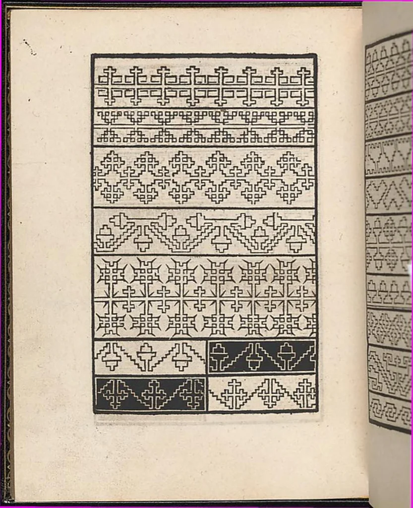 An illustration from Ein new kunstlich modelbuech dair yn meir dan sechßhundert figuren, monster, ader, stalen, befondenn wie mann na der rechter art perlenstickers lauffer werck spansche stiche mit der naelen vort up der ramen und up der laden boerden wircken sa., 1544, leaf 91