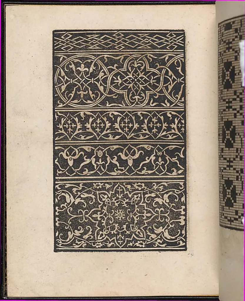 An illustration from Ein new kunstlich modelbuech dair yn meir dan sechßhundert figuren, monster, ader, stalen, befondenn wie mann na der rechter art perlenstickers lauffer werck spansche stiche mit der naelen vort up der ramen und up der laden boerden wircken sa., 1544, leaf 97