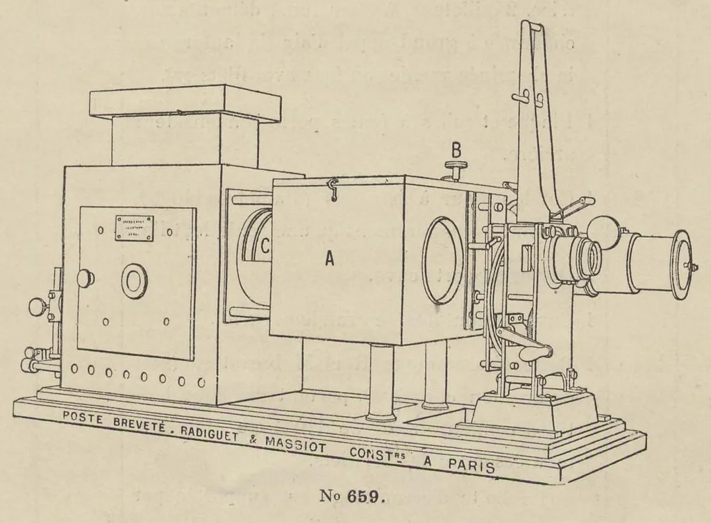 An illustration from Catalogue Général No 89 des Appareils et Accessoires usités en projection: IVe Partie Cinématographie, 1910, leaf 32