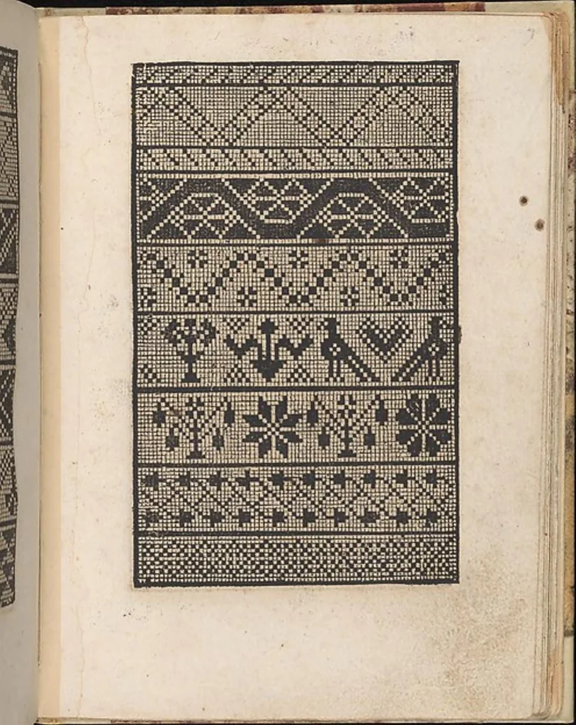 An illustration from 1529 ein new getruckt model büchli auff außnehen unnd borttenwircken ynn der laden unnd lanngenn gestell. Ganntz gerecht nach abteilung der feden tzal., 1529, leaf 11