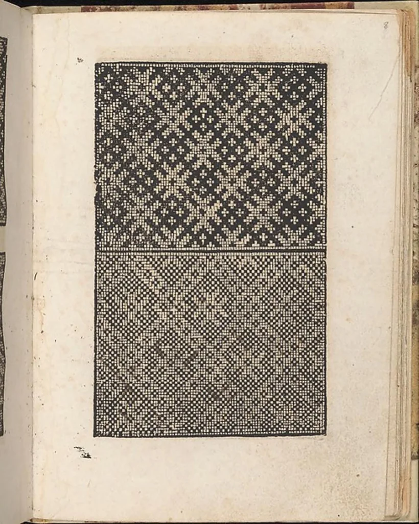 An illustration from 1529 ein new getruckt model büchli auff außnehen unnd borttenwircken ynn der laden unnd lanngenn gestell. Ganntz gerecht nach abteilung der feden tzal., 1529, leaf 13