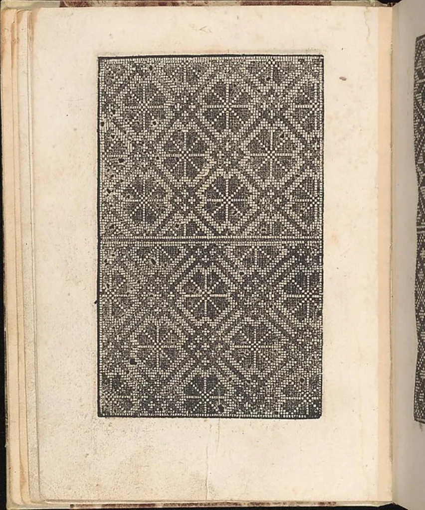 An illustration from 1529 ein new getruckt model büchli auff außnehen unnd borttenwircken ynn der laden unnd lanngenn gestell. Ganntz gerecht nach abteilung der feden tzal., 1529, leaf 18