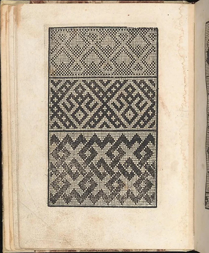 An illustration from 1529 ein new getruckt model büchli auff außnehen unnd borttenwircken ynn der laden unnd lanngenn gestell. Ganntz gerecht nach abteilung der feden tzal., 1529, leaf 26