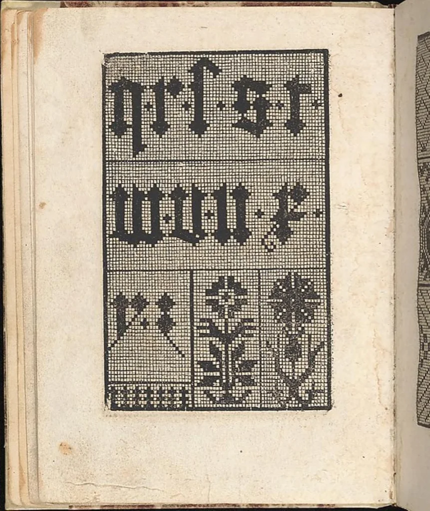 An illustration from 1529 ein new getruckt model büchli auff außnehen unnd borttenwircken ynn der laden unnd lanngenn gestell. Ganntz gerecht nach abteilung der feden tzal., 1529, leaf 28
