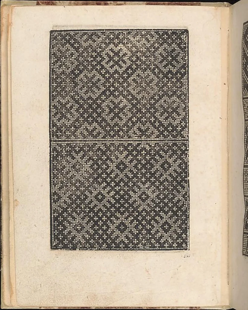 An illustration from 1529 ein new getruckt model büchli auff außnehen unnd borttenwircken ynn der laden unnd lanngenn gestell. Ganntz gerecht nach abteilung der feden tzal., 1529, leaf 3