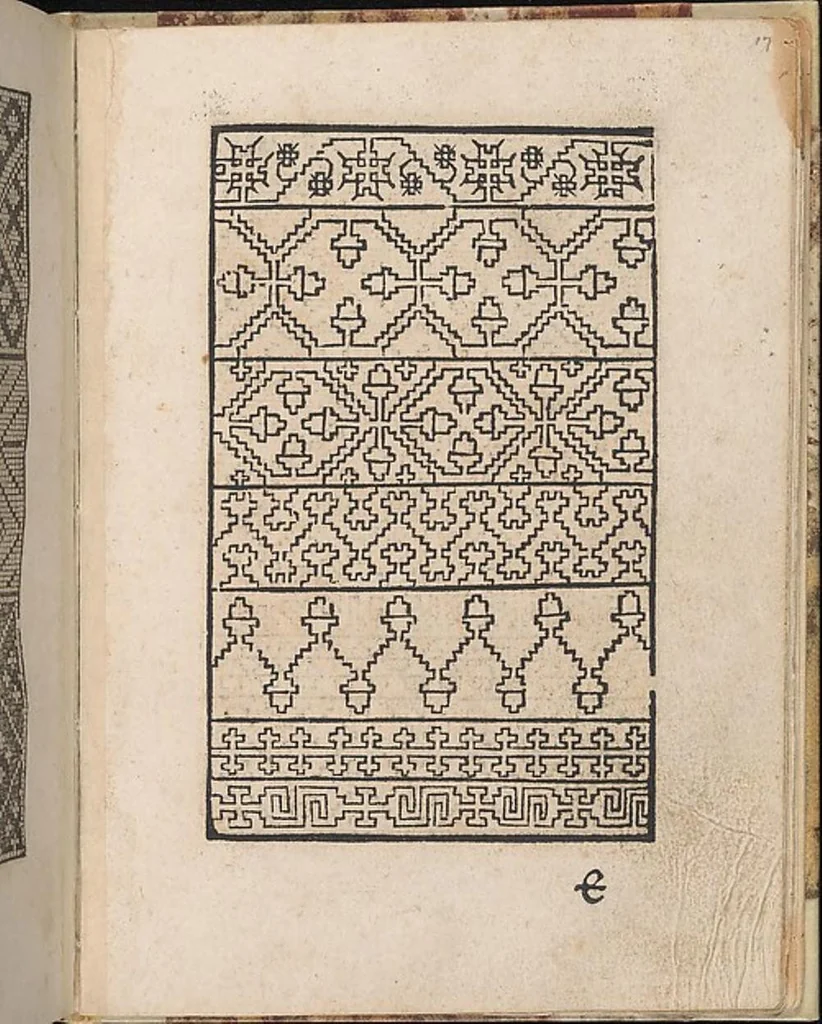 An illustration from 1529 ein new getruckt model büchli auff außnehen unnd borttenwircken ynn der laden unnd lanngenn gestell. Ganntz gerecht nach abteilung der feden tzal., 1529, leaf 31