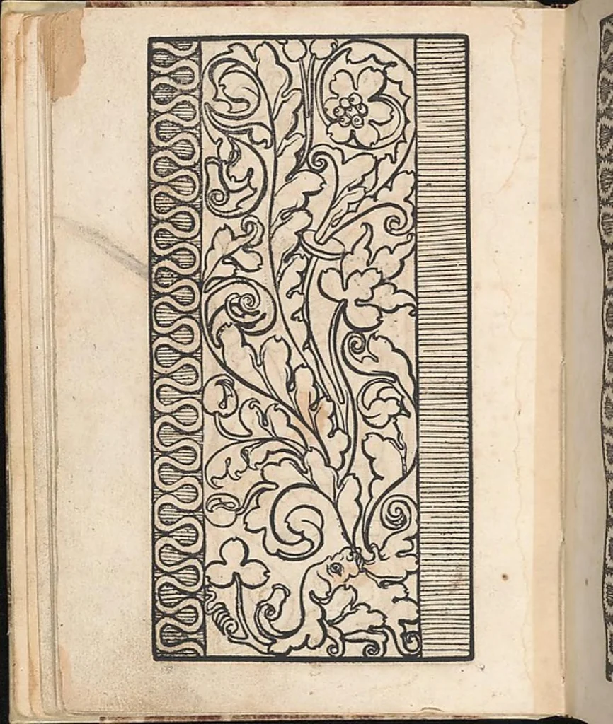 An illustration from 1529 ein new getruckt model büchli auff außnehen unnd borttenwircken ynn der laden unnd lanngenn gestell. Ganntz gerecht nach abteilung der feden tzal., 1529, leaf 42