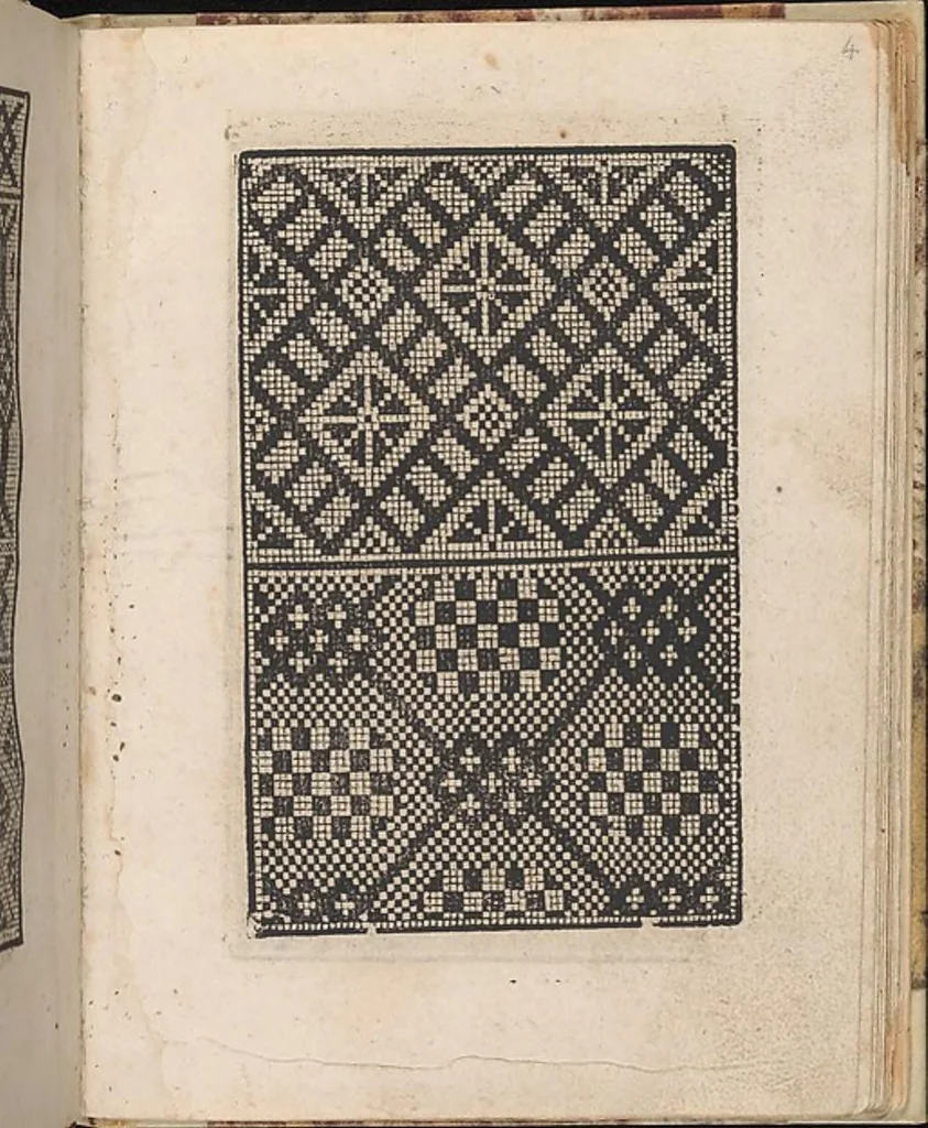 An illustration from 1529 ein new getruckt model büchli auff außnehen unnd borttenwircken ynn der laden unnd lanngenn gestell. Ganntz gerecht nach abteilung der feden tzal., 1529, leaf 6