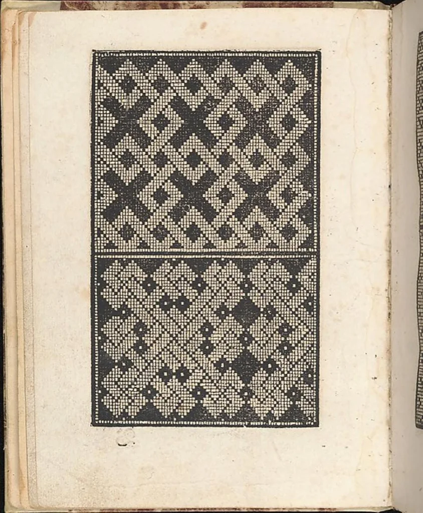 An illustration from 1529 ein new getruckt model büchli auff außnehen unnd borttenwircken ynn der laden unnd lanngenn gestell. Ganntz gerecht nach abteilung der feden tzal., 1529, leaf 8