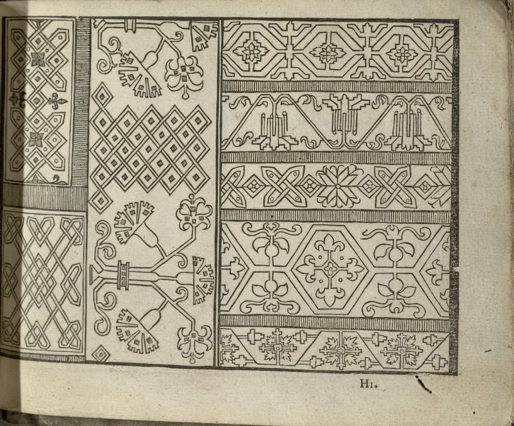 An illustration from A schole-house, for the needle ... (Here followeth certaine patternes of cut-works: and but once printed before. Also sundry sorts of spots, as flowers, birds and fishes &c. and will fitly serve to be wrought, some with gould, some with silke, and some with crewell, or otherwise at your pleasure.)., 1632, leaf 46