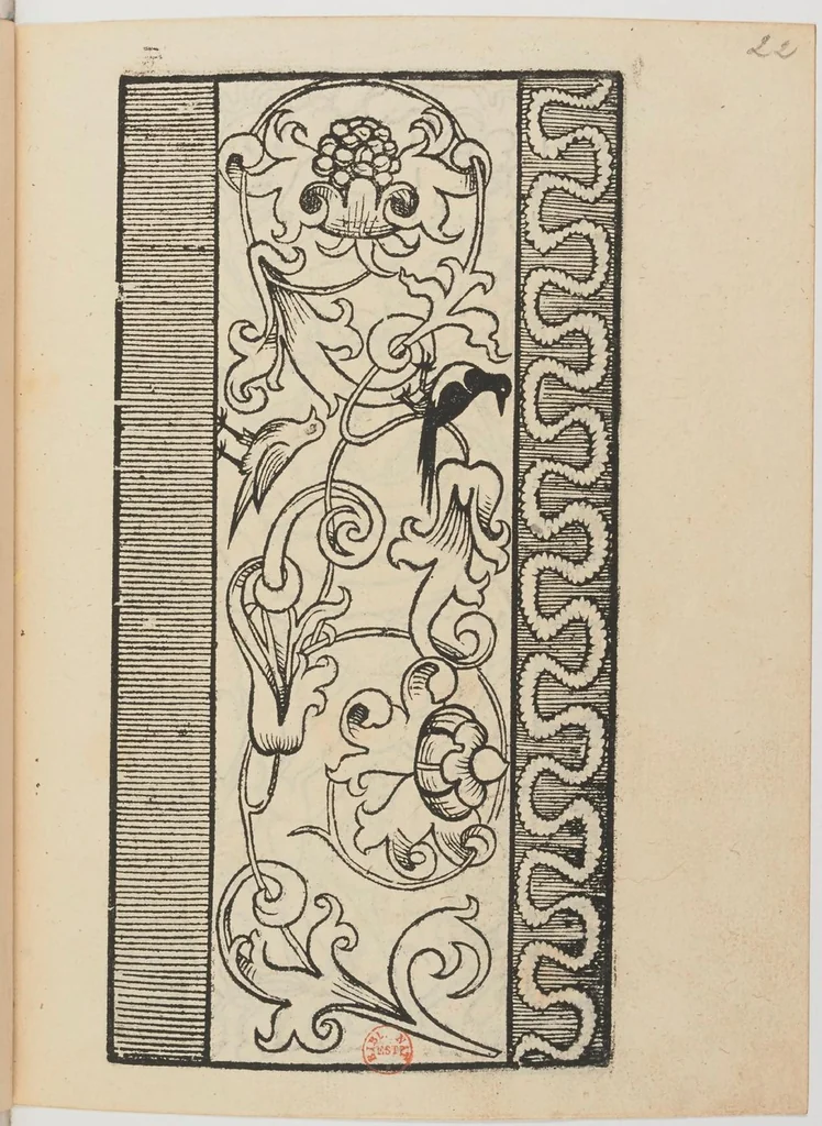 An illustration from Ein new Modelbuch auff aussnehen und porten wircken in der Laden unnd langengestell Gemert und gepessert mit 105 andern Modeln, 1527, leaf 52