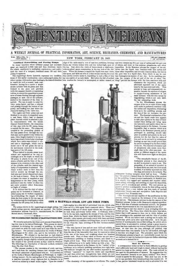 An illustration from Scientific American, New Series, Vol. 20, No. 7 (February 13, 1869), 1869, leaf 16