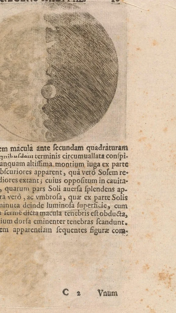 An illustration from Sidereus nuncius : magna, longeque admirabilia spectacula pandens, suspiciendaq́ue proponens vnicuique, praesertim verò philosophis, atq́[ue] astronomis, quae à Galileo Galileo ... perspicilli nuper à se reperti beneficio sunt obseruata in lunae facie, fixis innumeris, lacteo circulo, stellis nebulosis, apprime verò in quatuor planetis circa Iouis stellam disparibus interuallis, atque periodis, celeritate mirabili circumuolutis; quos, nemini in hanc vsque diem cognitos, nouissimè author depraehendit primus; atque Medicea sidera nuncupandos decreuit, 1610, leaf 23