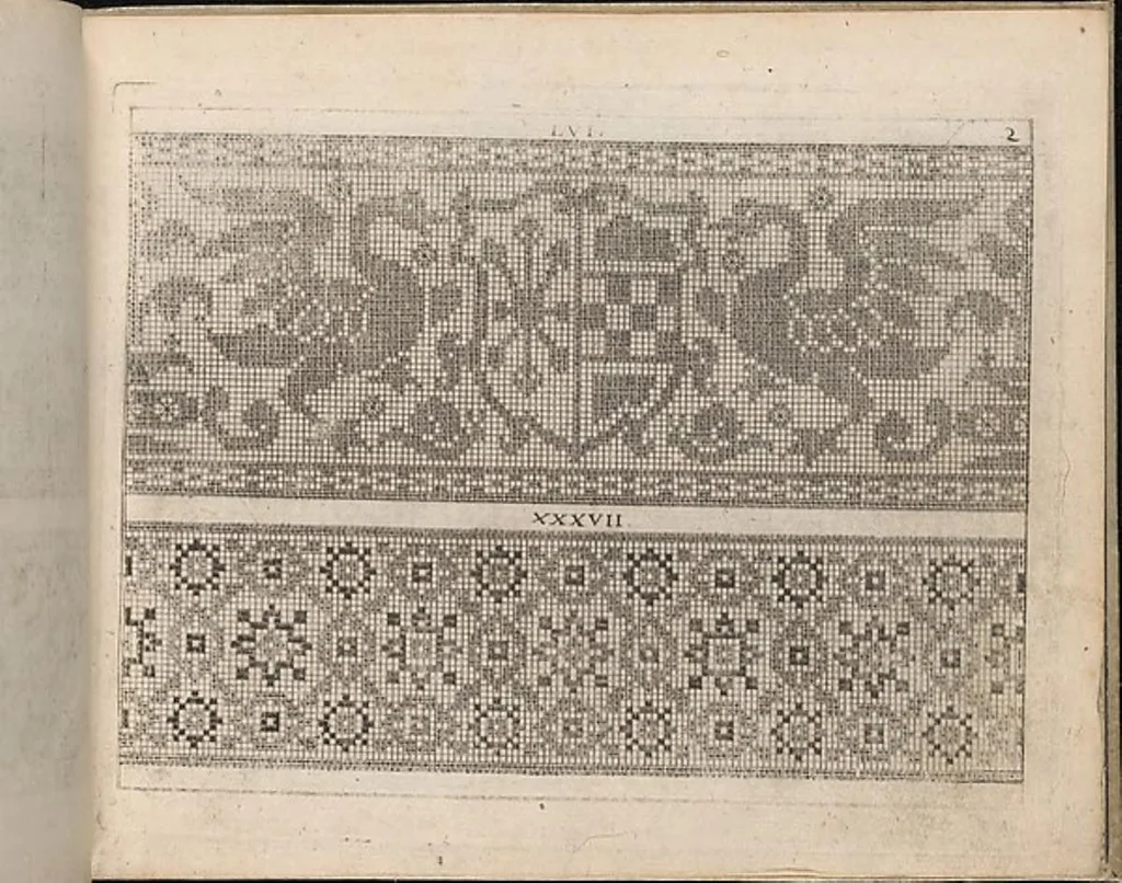 An illustration from Newes Modelbuch in Kupffer gemacht, darinen aller hand Arth newer Model von dun, mittel vnd dick aussgeschnidener Arbeit auch andern kunstlichen Neh werck zu gebrauchen., 1604, leaf 16