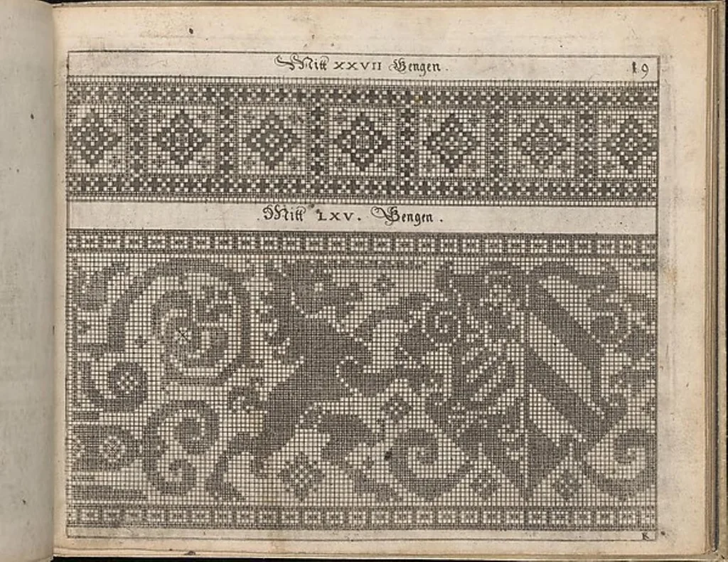 An illustration from Newes Modelbuch in Kupffer gemacht, darinen aller hand Arth newer Model von dun, mittel vnd dick aussgeschnidener Arbeit auch andern kunstlichen Neh werck zu gebrauchen., 1604, leaf 33