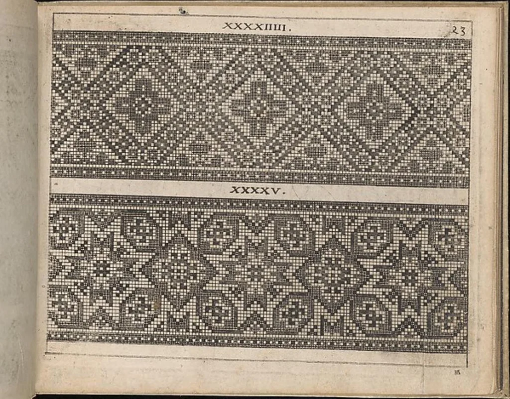 An illustration from Newes Modelbuch in Kupffer gemacht, darinen aller hand Arth newer Model von dun, mittel vnd dick aussgeschnidener Arbeit auch andern kunstlichen Neh werck zu gebrauchen., 1604, leaf 37