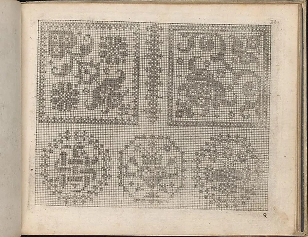 An illustration from Newes Modelbuch in Kupffer gemacht, darinen aller hand Arth newer Model von dun, mittel vnd dick aussgeschnidener Arbeit auch andern kunstlichen Neh werck zu gebrauchen., 1604, leaf 44