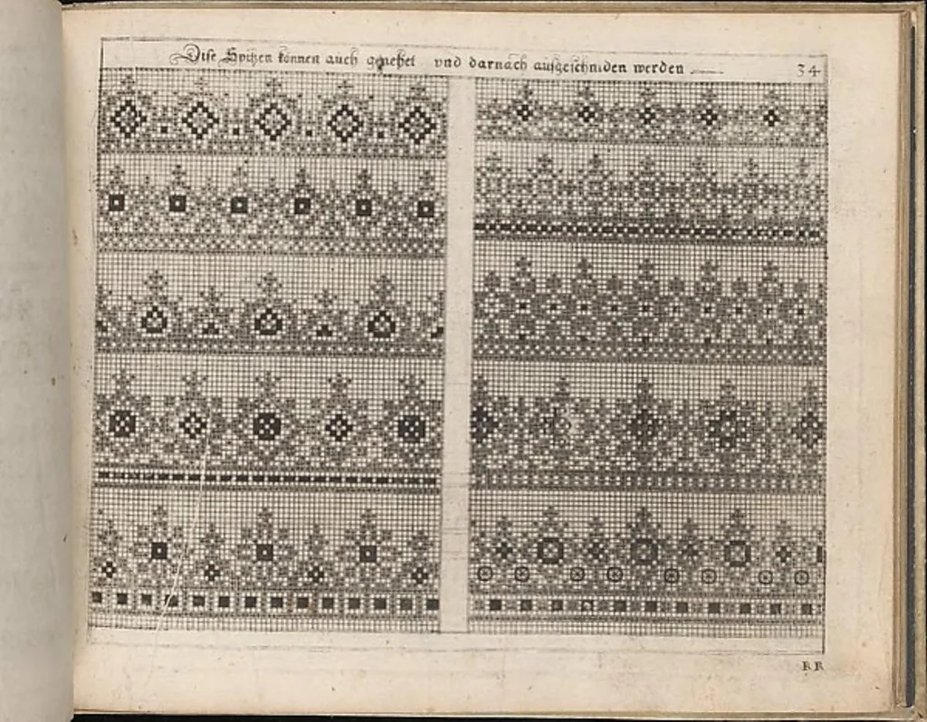 An illustration from Newes Modelbuch in Kupffer gemacht, darinen aller hand Arth newer Model von dun, mittel vnd dick aussgeschnidener Arbeit auch andern kunstlichen Neh werck zu gebrauchen., 1604, leaf 47