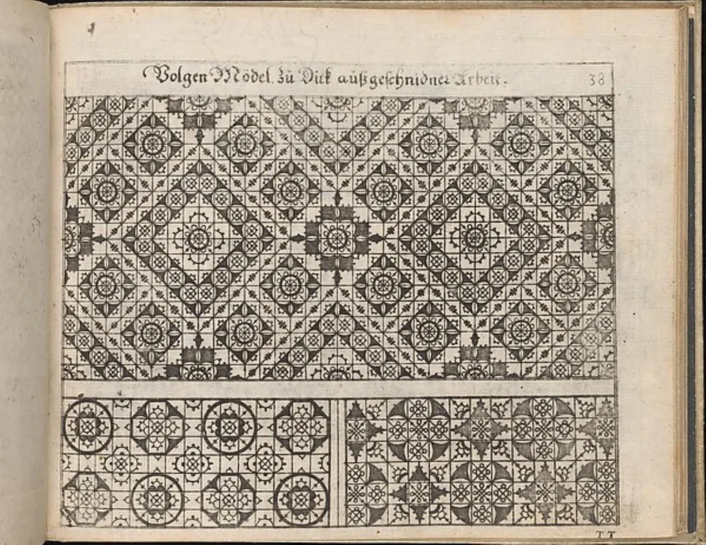 An illustration from Newes Modelbuch in Kupffer gemacht, darinen aller hand Arth newer Model von dun, mittel vnd dick aussgeschnidener Arbeit auch andern kunstlichen Neh werck zu gebrauchen., 1604, leaf 51