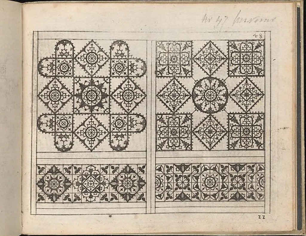 An illustration from Newes Modelbuch in Kupffer gemacht, darinen aller hand Arth newer Model von dun, mittel vnd dick aussgeschnidener Arbeit auch andern kunstlichen Neh werck zu gebrauchen., 1604, leaf 61