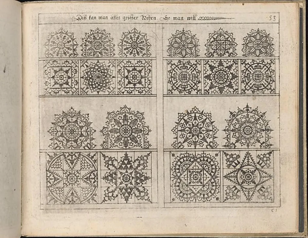 An illustration from Newes Modelbuch in Kupffer gemacht, darinen aller hand Arth newer Model von dun, mittel vnd dick aussgeschnidener Arbeit auch andern kunstlichen Neh werck zu gebrauchen., 1604, leaf 66
