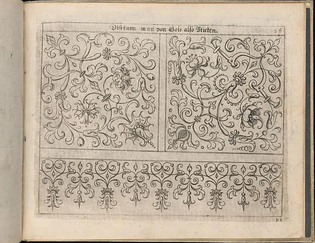 An illustration from Newes Modelbuch in Kupffer gemacht, darinen aller hand Arth newer Model von dun, mittel vnd dick aussgeschnidener Arbeit auch andern kunstlichen Neh werck zu gebrauchen., 1604, leaf 69