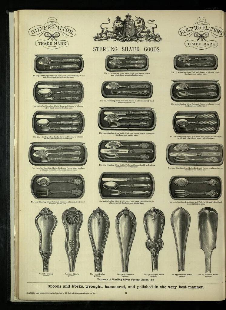 An illustration from Illustrated pattern-book of silver goods, electro-silver plated goods and cutlery : also of japanned goods, bronze and ormolu goods, ironmongery, lamps, etc., 1889, leaf 15