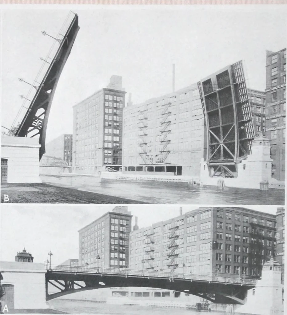 An illustration from The Strauss Bascule Bridge Company, Inc., engineers and designers of trunnion, bascule and direct lift bridges., 1920, leaf 25