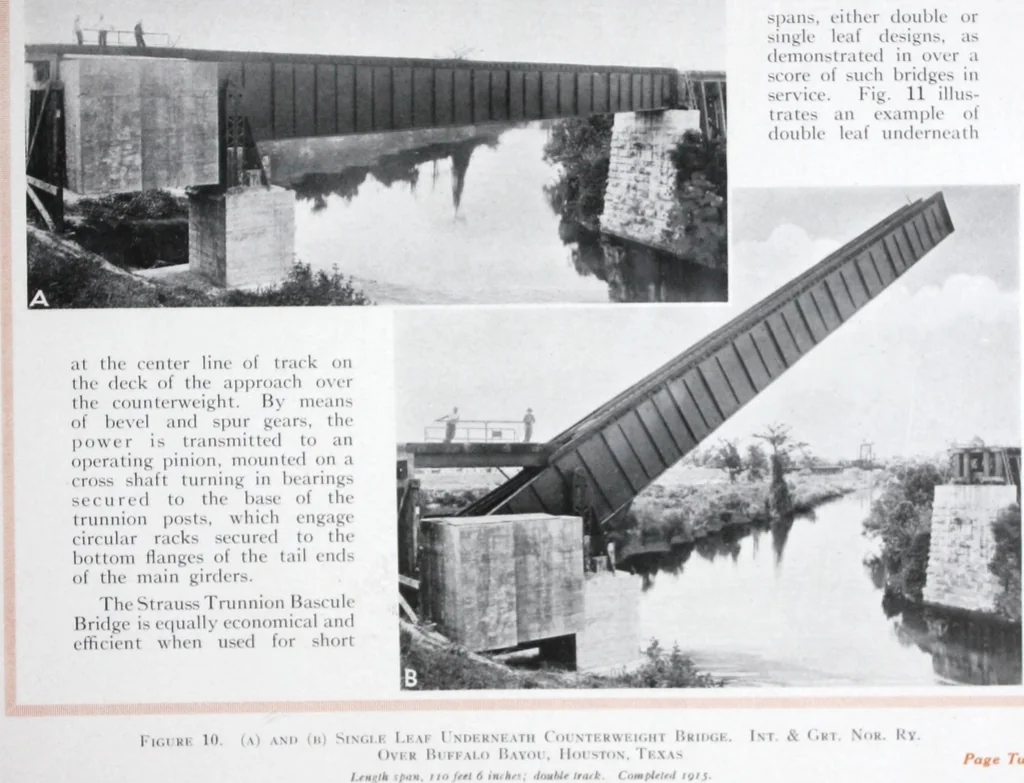 An illustration from The Strauss Bascule Bridge Company, Inc., engineers and designers of trunnion, bascule and direct lift bridges., 1920, leaf 28