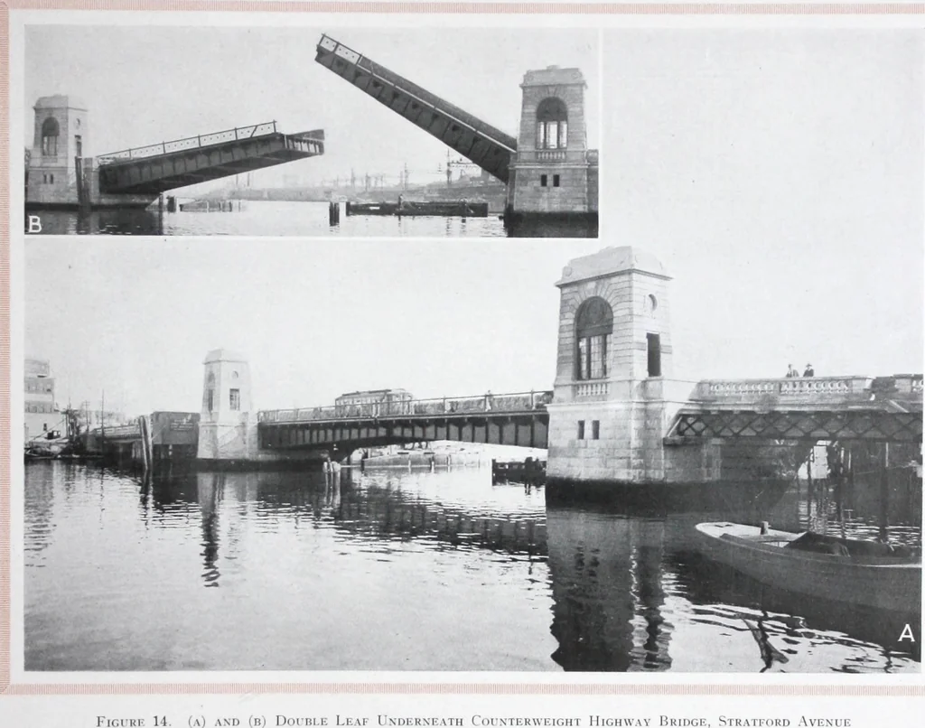 An illustration from The Strauss Bascule Bridge Company, Inc., engineers and designers of trunnion, bascule and direct lift bridges., 1920, leaf 32