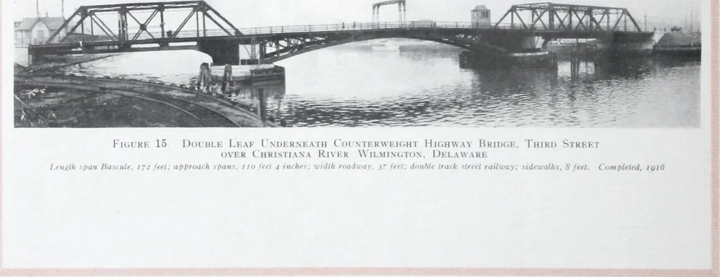 An illustration from The Strauss Bascule Bridge Company, Inc., engineers and designers of trunnion, bascule and direct lift bridges., 1920, leaf 33