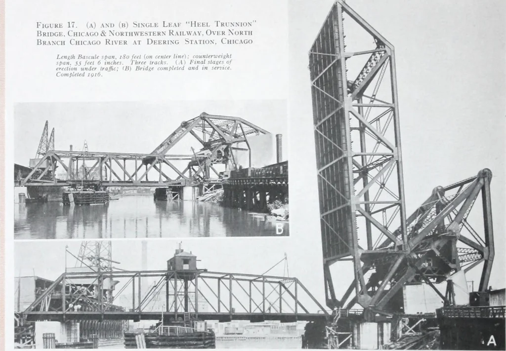 An illustration from The Strauss Bascule Bridge Company, Inc., engineers and designers of trunnion, bascule and direct lift bridges., 1920, leaf 35