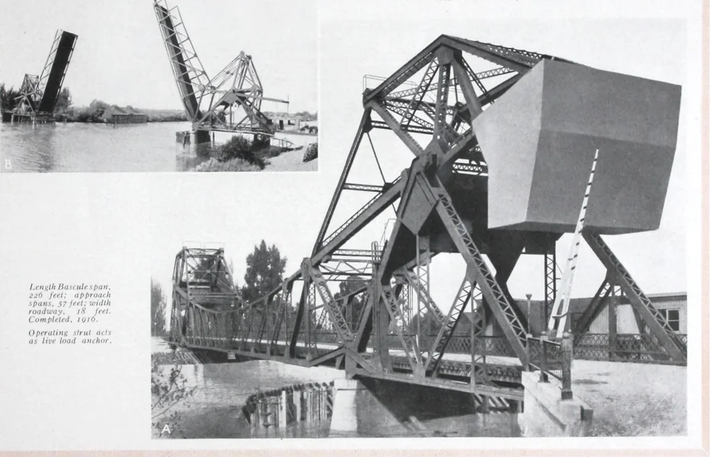 An illustration from The Strauss Bascule Bridge Company, Inc., engineers and designers of trunnion, bascule and direct lift bridges., 1920, leaf 40