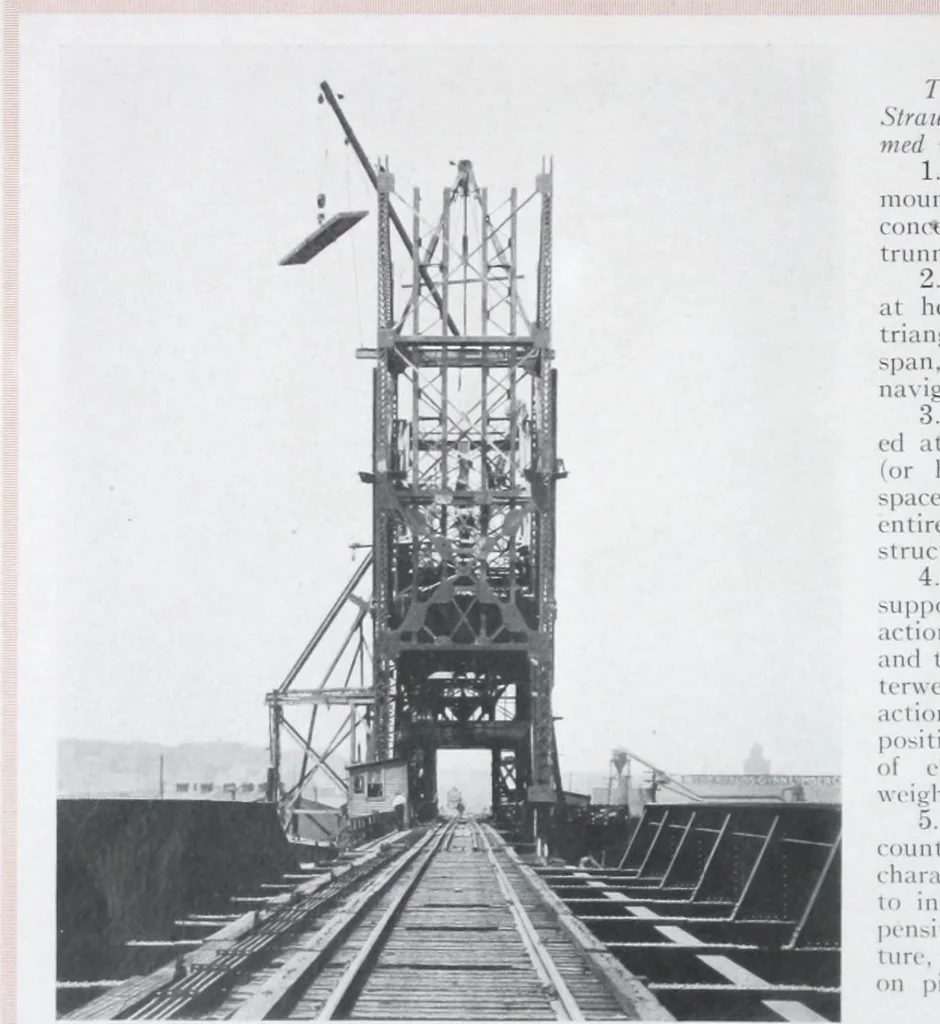 An illustration from The Strauss Bascule Bridge Company, Inc., engineers and designers of trunnion, bascule and direct lift bridges., 1920, leaf 47