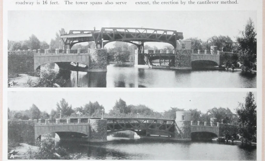 An illustration from The Strauss Bascule Bridge Company, Inc., engineers and designers of trunnion, bascule and direct lift bridges., 1920, leaf 53