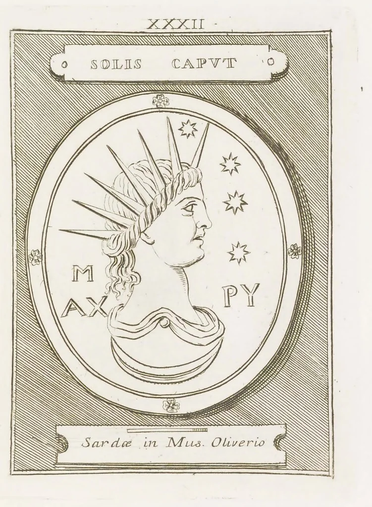 An illustration from Thesaurus gemmarum antiquarum astriferarum quae e compluribus dactyliothecis selectae aereis tabulis CC. insculptae observationibus inlustrantur adiectis parergis LX. Atlante Farnesiano prolegomenis. Diatribis III. Dissertationibu​s XV. et indicibus. Volumen I, 1750, leaf 104