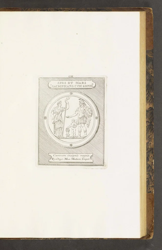 An illustration from Thesaurus gemmarum antiquarum astriferarum quae e compluribus dactyliothecis selectae aereis tabulis CC. insculptae observationibus inlustrantur adiectis parergis LX. Atlante Farnesiano prolegomenis. Diatribis III. Dissertationibu​s XV. et indicibus. Volumen I, 1750, leaf 244