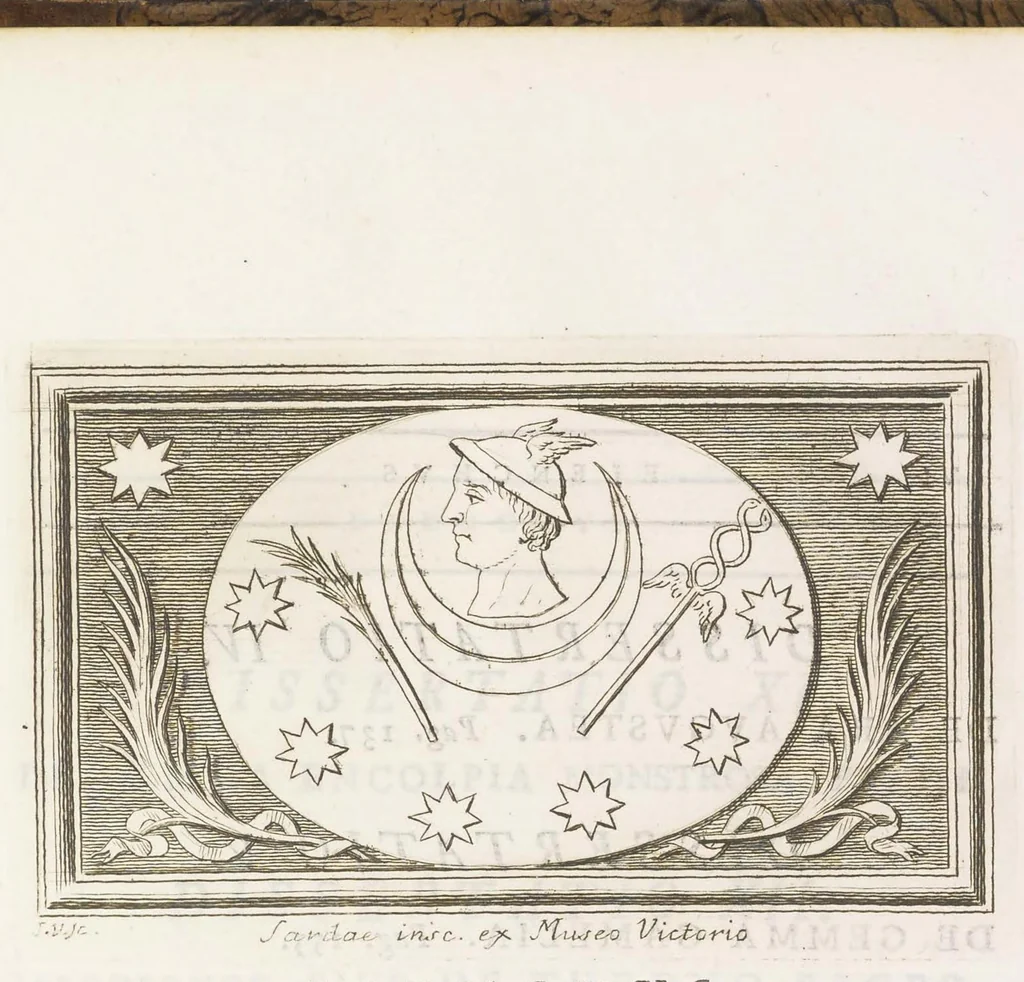 An illustration from Thesaurus gemmarum antiquarum astriferarum quae e compluribus dactyliothecis selectae aereis tabulis CC. insculptae observationibus inlustrantur adiectis parergis LX. Atlante Farnesiano prolegomenis. Diatribis III. Dissertationibu​s XV. et indicibus. Volumen II, 1750, leaf 356