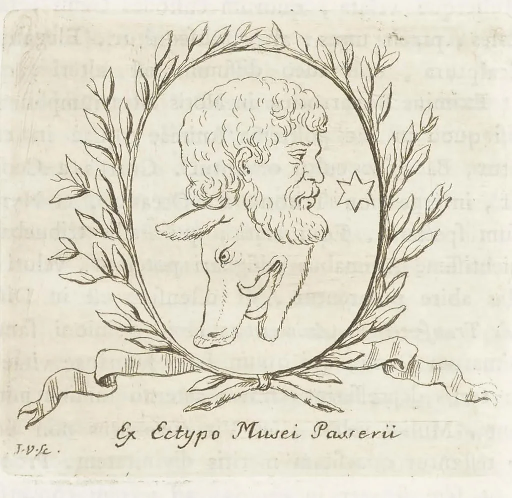 An illustration from Thesaurus gemmarum antiquarum astriferarum quae e compluribus dactyliothecis selectae aereis tabulis CC. insculptae observationibus inlustrantur adiectis parergis LX. Atlante Farnesiano prolegomenis. Diatribis III. Dissertationibu​s XV. et indicibus. Volumen II, 1750, leaf 47