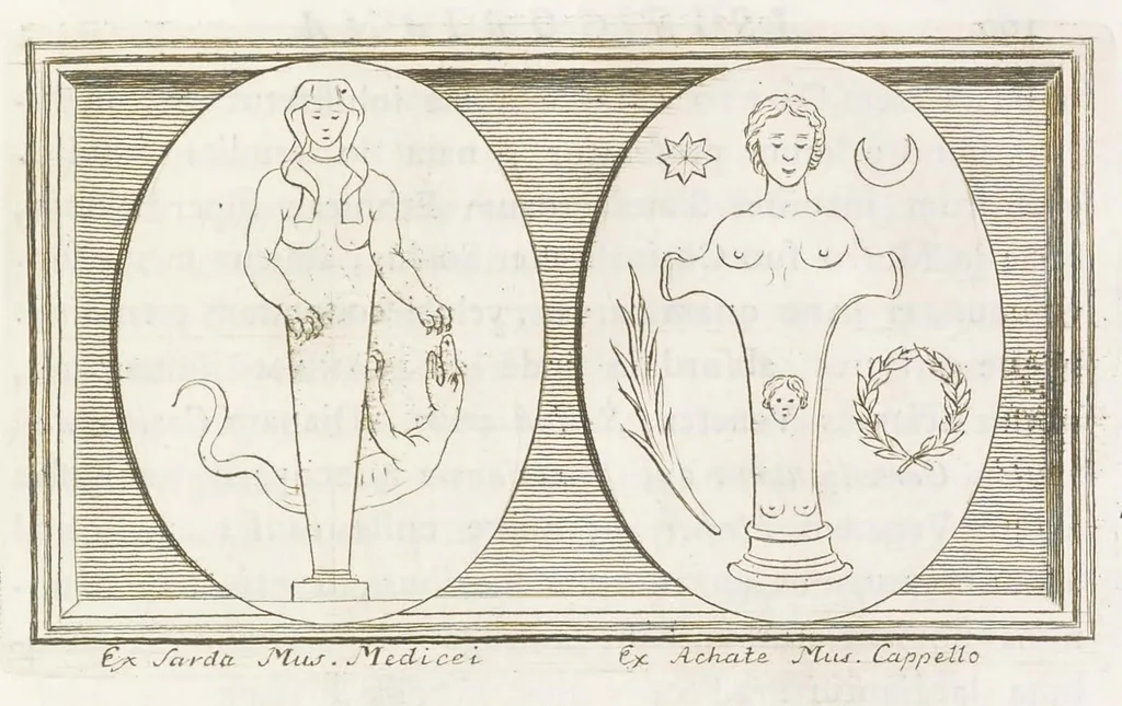 An illustration from Thesaurus gemmarum antiquarum astriferarum quae e compluribus dactyliothecis selectae aereis tabulis CC. insculptae observationibus inlustrantur adiectis parergis LX. Atlante Farnesiano prolegomenis. Diatribis III. Dissertationibu​s XV. et indicibus. Volumen II, 1750, leaf 474