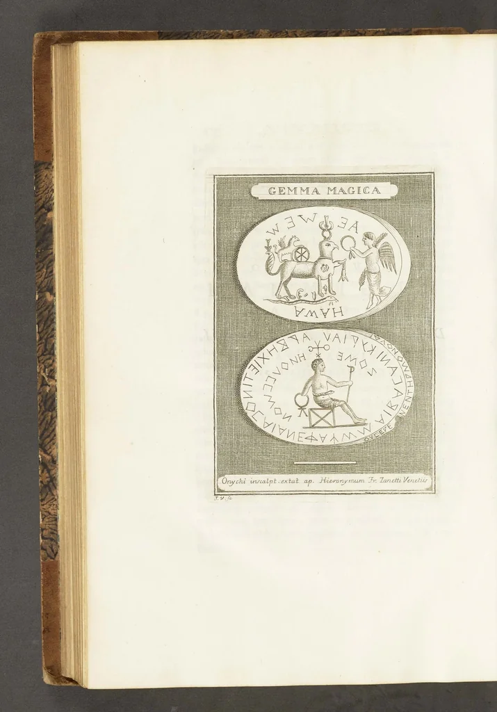 An illustration from Thesaurus gemmarum antiquarum astriferarum quae e compluribus dactyliothecis selectae aereis tabulis CC. insculptae observationibus inlustrantur adiectis parergis LX. Atlante Farnesiano prolegomenis. Diatribis III. Dissertationibu​s XV. et indicibus. Volumen II, 1750, leaf 549