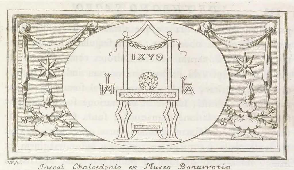 An illustration from Thesaurus gemmarum antiquarum astriferarum quae e compluribus dactyliothecis selectae aereis tabulis CC. insculptae observationibus inlustrantur adiectis parergis LX. Atlante Farnesiano prolegomenis. Diatribis III. Dissertationibu​s XV. et indicibus. Volumen II, 1750, leaf 598