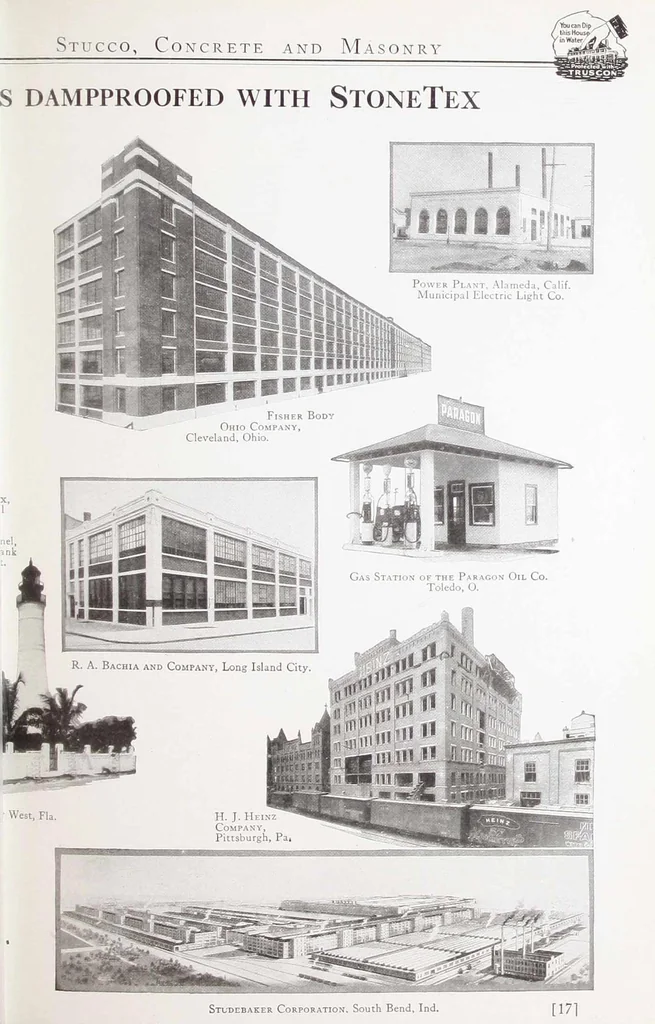 An illustration from Truscon stone tex, a protective coating made especially for damproofing and beautifying concrete, stucco, brick and masonry exterior walls., 1926, leaf 18