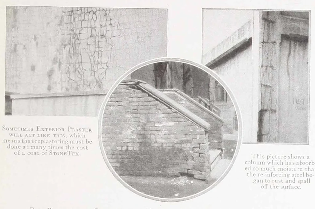 An illustration from Truscon stone tex, a protective coating made especially for damproofing and beautifying concrete, stucco, brick and masonry exterior walls., 1926, leaf 6