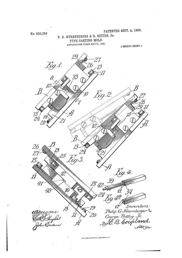 An illustration from US Patent 830,358, Type-Casting Mold, 1906, leaf 0