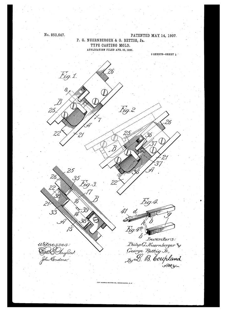 An illustration from US Patent 853,647, Type-Casting Mold, 1907, leaf 0