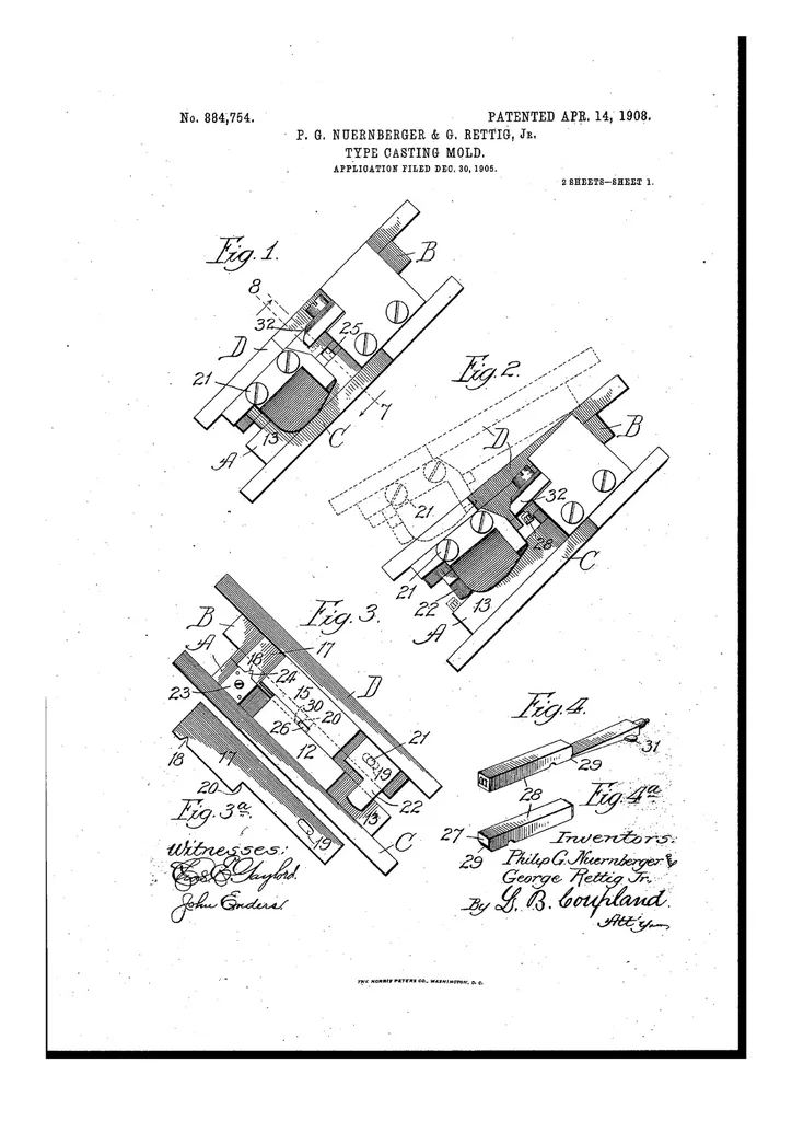An illustration from US Patent 884,754, Type-Casting Mold, 1908, leaf 0